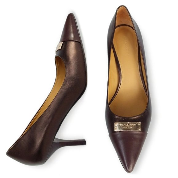 Coach Shoes Coach Zan Leather Pointed Toe Pumps Size 7b Brown Gold